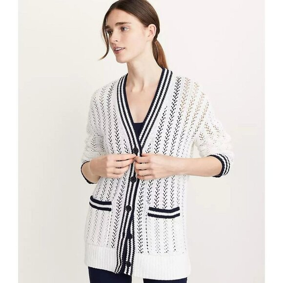 Loft Lou & Grey Tipped Mesh V Neck Pocket Cardigan Size Small New - Picture 1 of 8